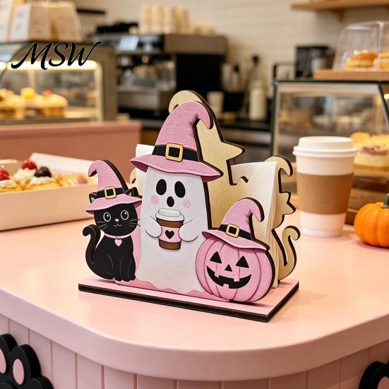 Festive Tissue Paper Organizer Halloween Wooden Napkin Holder, Cute Pastel Pumpkin Ghost Black Cat Tabletop Dispenser, Table Decor Waterproof
