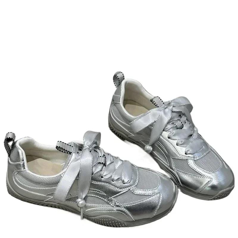 Fashion Silver Air Mesh Satin Shoelaces Lace Up Sneakers 2025 New Fashion Women Casual Shoes Round Toe Platform Training Shoes