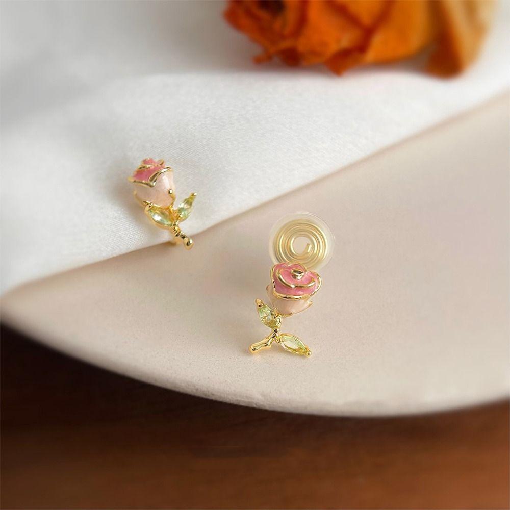 Party Jewelry Pink Rose Studs Earrings 925 Sterling Silver Needle Zircon Small Earrings  Girls