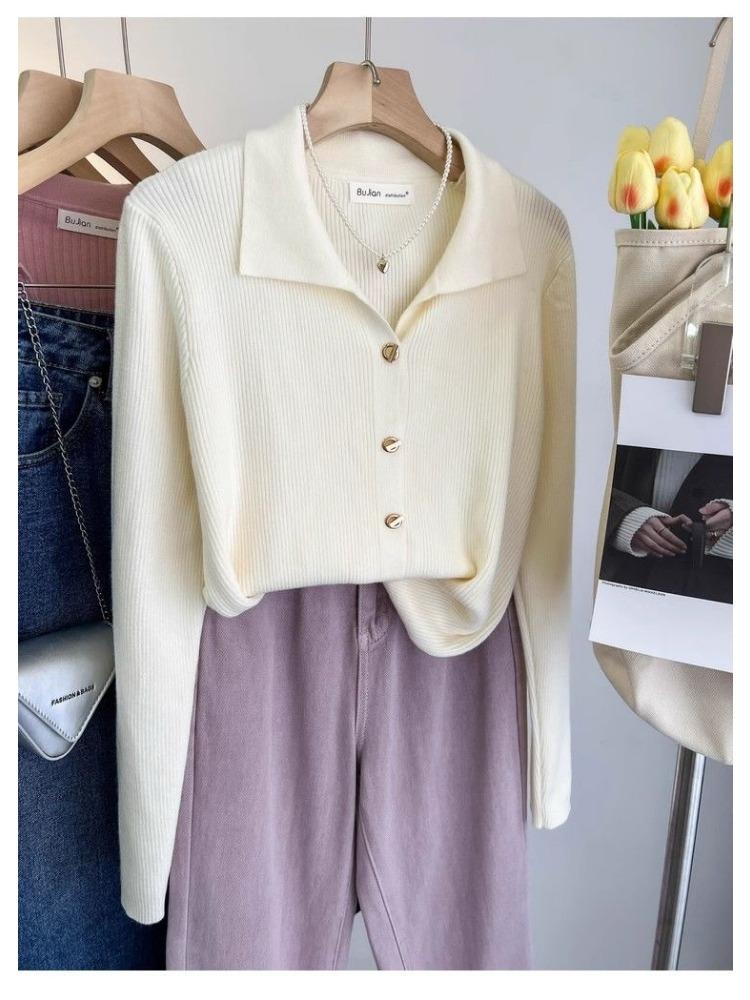 French Elegant Lapel Knitted Sweater Cardigan Women Spring Autumn Vintage Solid Polo Shirt Korea Chic Underneath A Base Layer Clothes