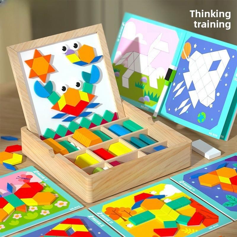 Magnetic Kids Wooden Puzzle Board Geometric Building Blocks Cognitive Skills