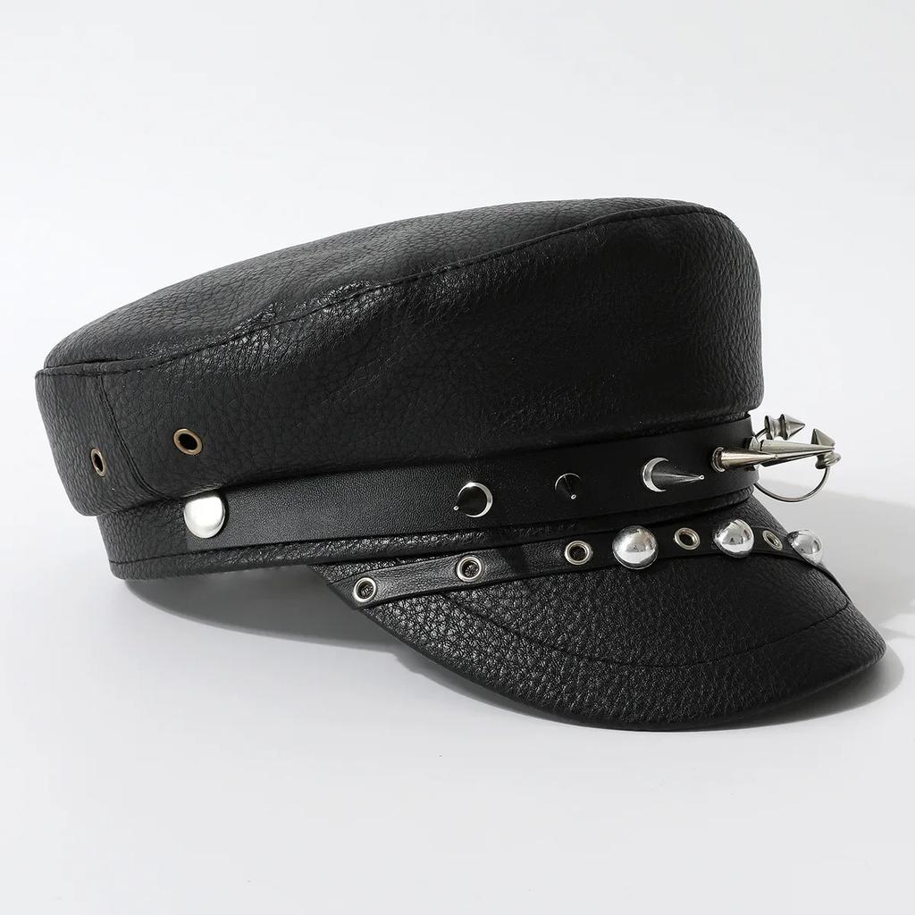 Y2K Leather Rivet Show Navy Cap Skinny Cap New Niche Punk Hip Hop Wind Beret Black PU Military Cap Harajuku Gothic Lolita Hat