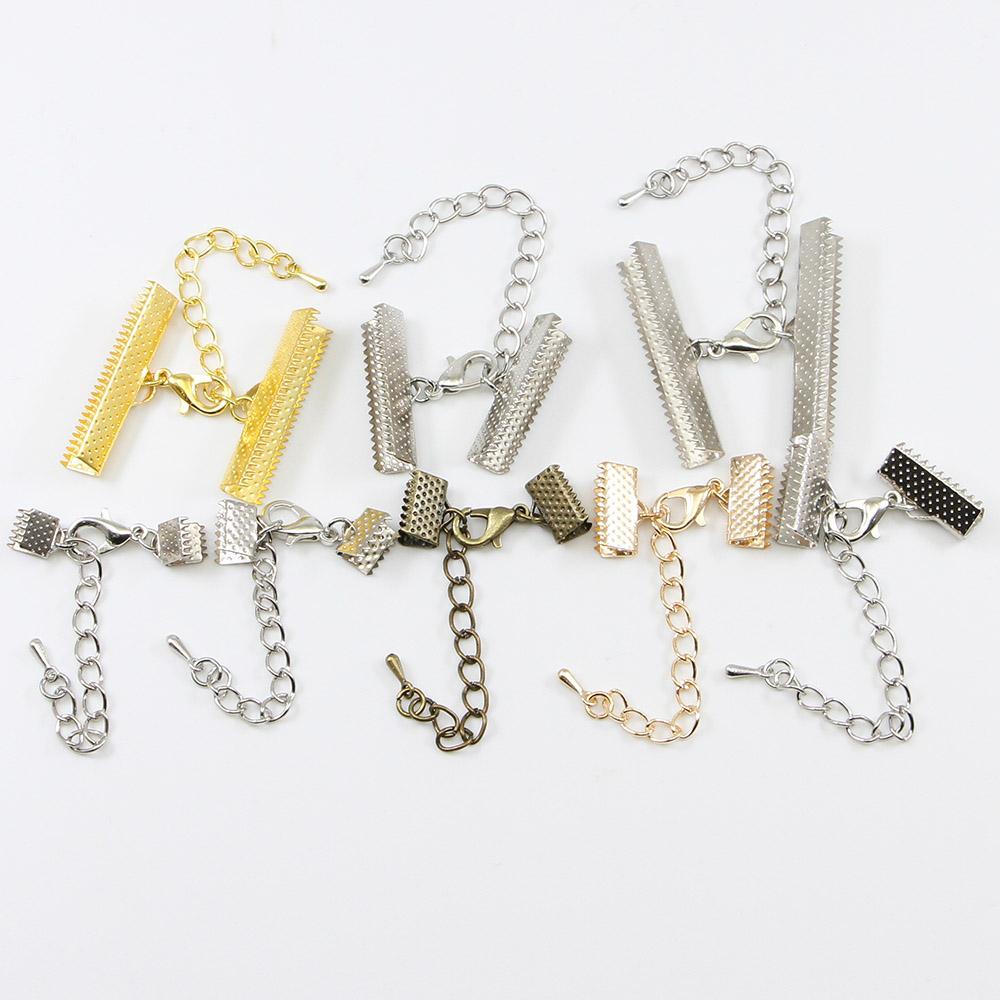 10pcs/lot Ribbon Leather Cord End Fastener Clasps With Chains Lobster Clasp Connectors For Bracelet DIY Jewelry Making Wholesale