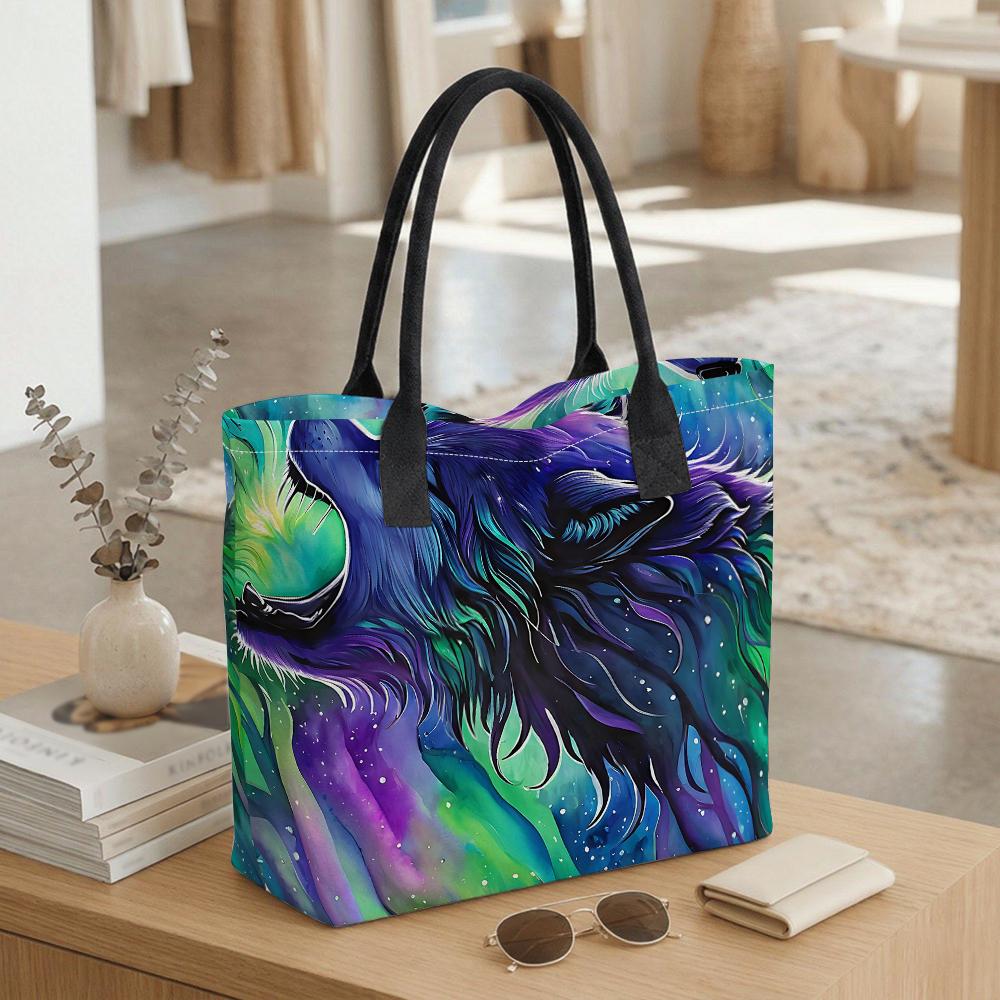 Watercolor Wolf Pattern Tote Bag Large Capacity Portable Daily Shoulder Bag for Casual Use