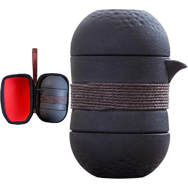 

Керамическая чашка для быстрого чая Один чайник Две чашки Портативная сумка Черная глина Набор для чая Кунг-фу чёрный