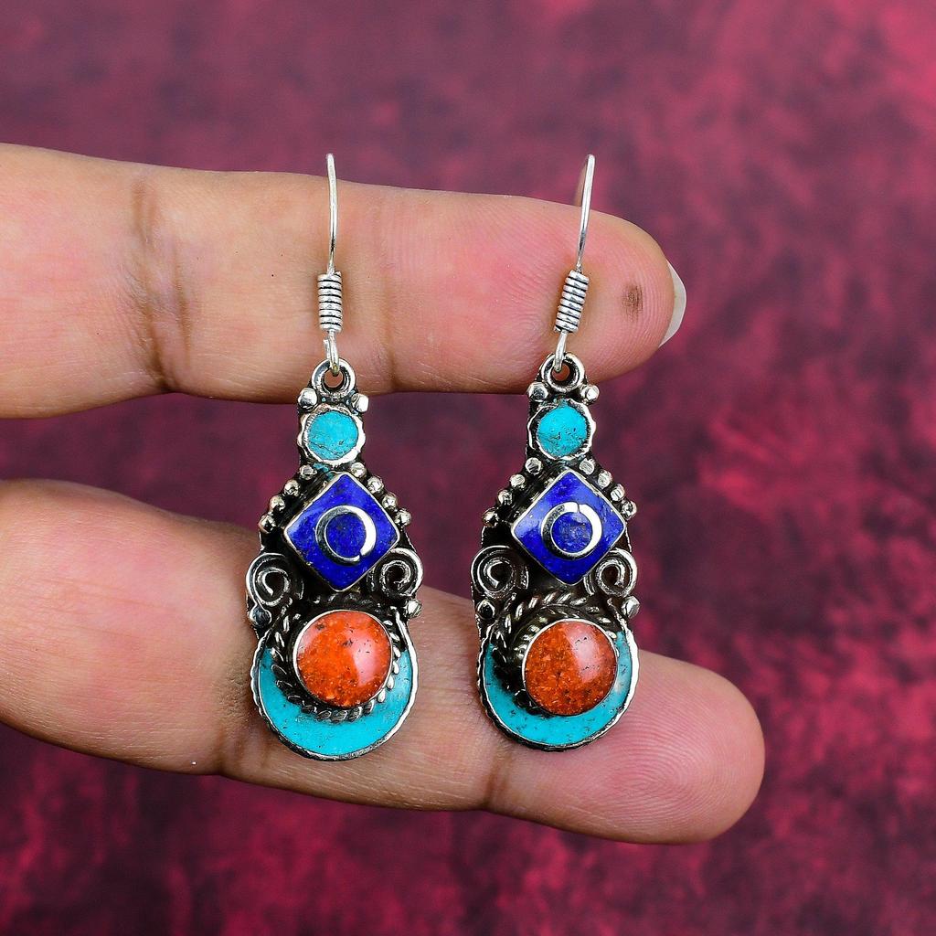 Turquoise, Coral & Lapis Lazuli 925 Solid Sterling Silver Earrings, Handmade Gemstone Nepali Earrings Jewelry, Gifts For Wife Brand New Earrings