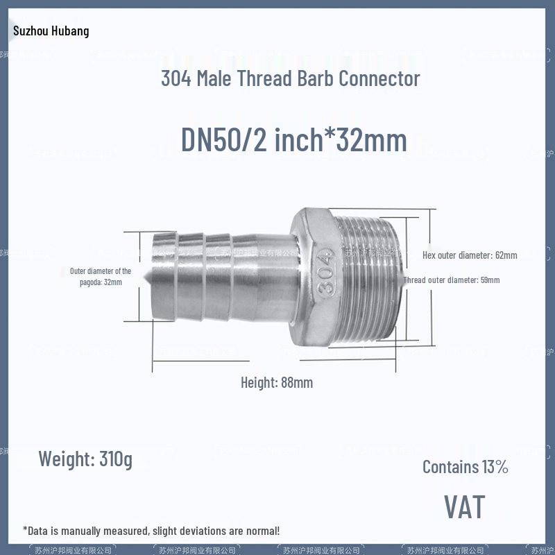 1" Hexagonal Barb Connector, 304 Stainless Steel for Water Pipe Hose, 316 Male Thread Plug