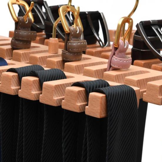 Wooden Belt Hanger 2-in-1 Design 14 Slots Space-Saving Eco-friendly Multifunctional Belt Organizer for Closet