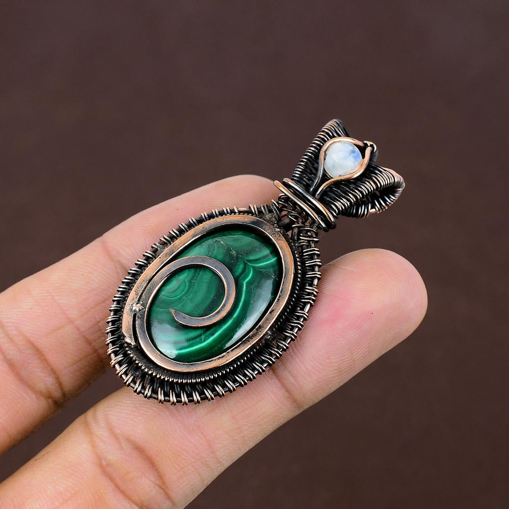 Natural Malachite,Moonstone Stone Handmade Copper Wire Wrap Pendant 2.36" R8E90