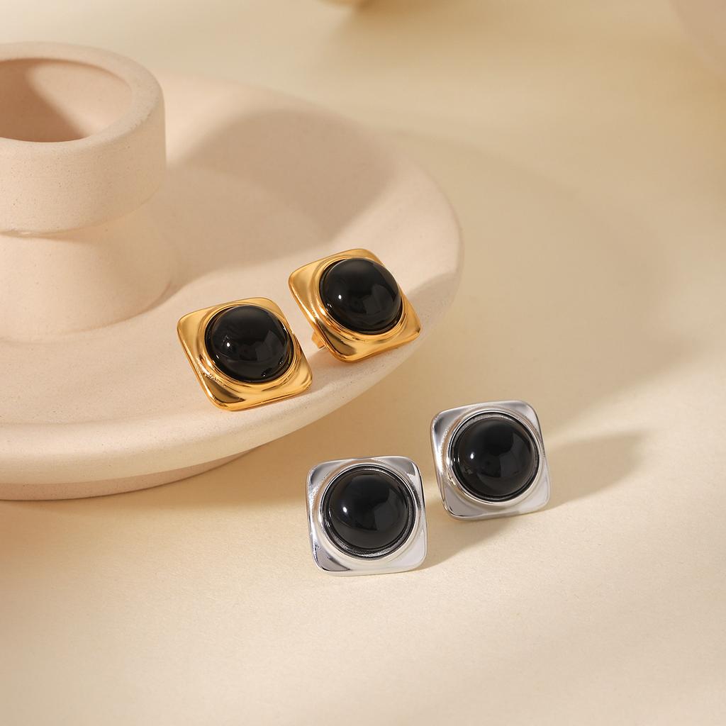 Square stainless steel inlaid obsidian stud earrings, stylish vintage aesthetic, high-end quality, fade-resistant