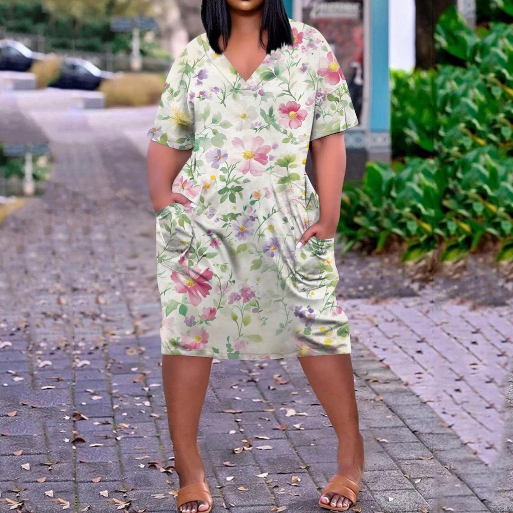 Summer Plus Size V Neck Short Sleeve Knee Pocket  Print Casual Dress For Women