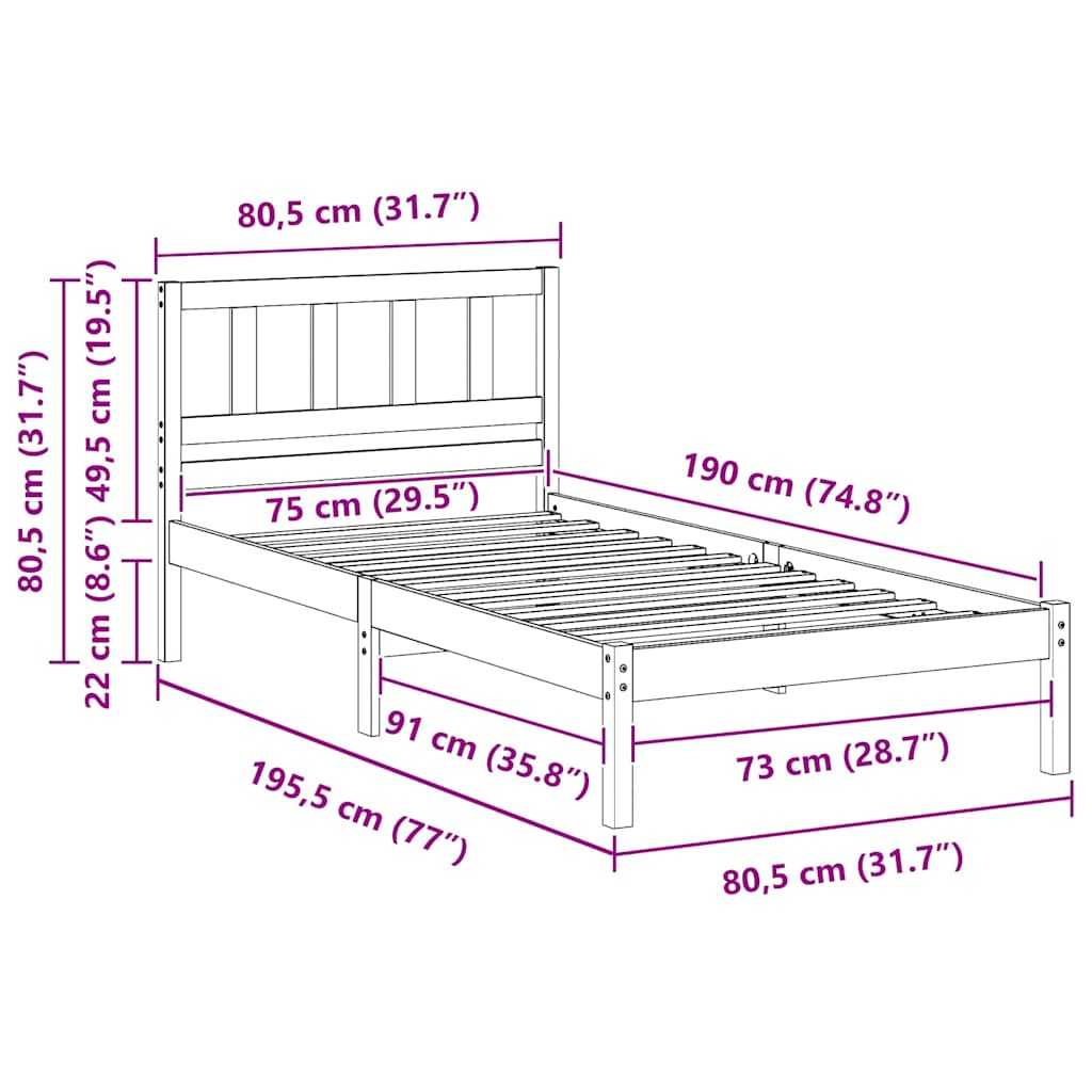 Brown Bed Frame with Headboard 75 x 190 cm Solid Pine Wood