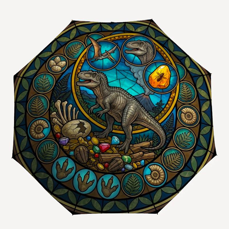 Dinosaur Glass Art Pattern Umbrella, Portable and Foldable Design, 8 Ribs, a Casual Accessory for Halloween, Christmas, and Birthday Gifts.