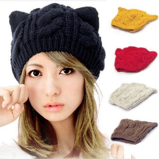 Women's Winter Knit Crochet Braided Cat Ears Beret Beanie Ski Knitted Hat Cap