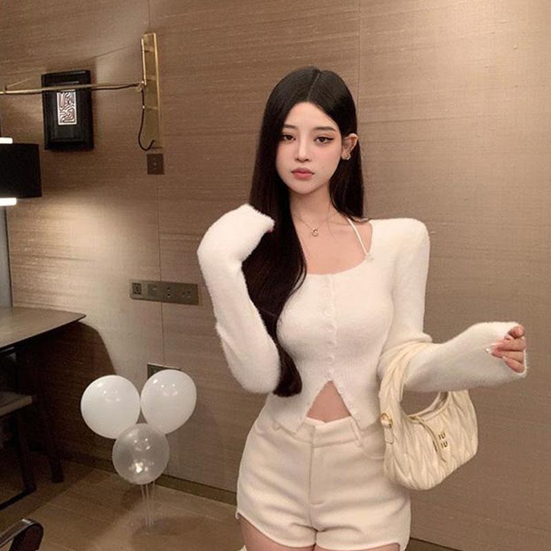 

Пуловер на осень и зиму с квадратным вырезом и висячим воротником, норковый плюшевый свитер, женский осенне-зимний короткий вязаный свитер, женский топ One Size белый