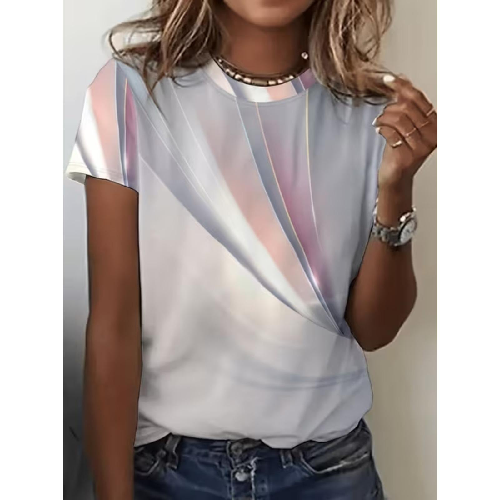 

Fashion Women Simple Splicing Print T Shirt Funny Casual O-neck Short Sleeves T-shirt Summer Female Tee Shirt 8XL рожевий