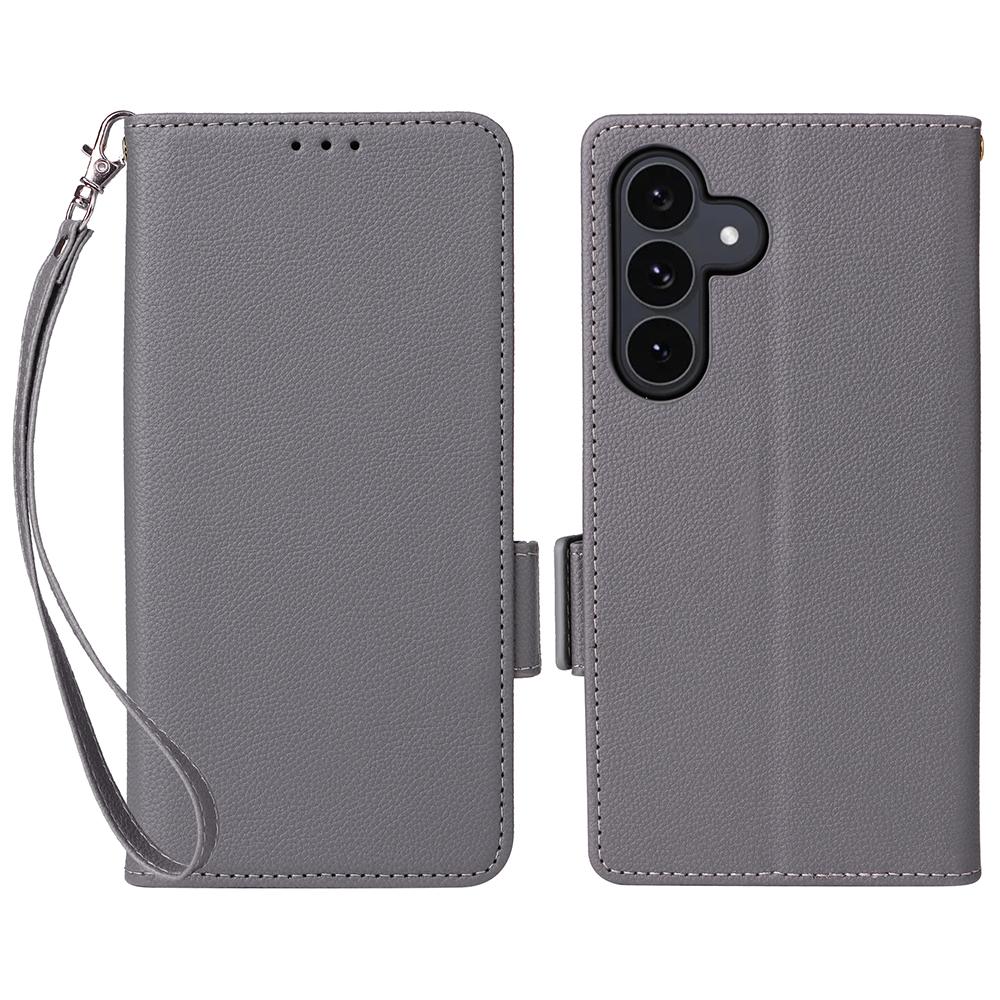 

For Samsung Galaxy S25 FE Case with Wrist Strap Litchi Texture PU Leather Wallet Phone Cover Grey