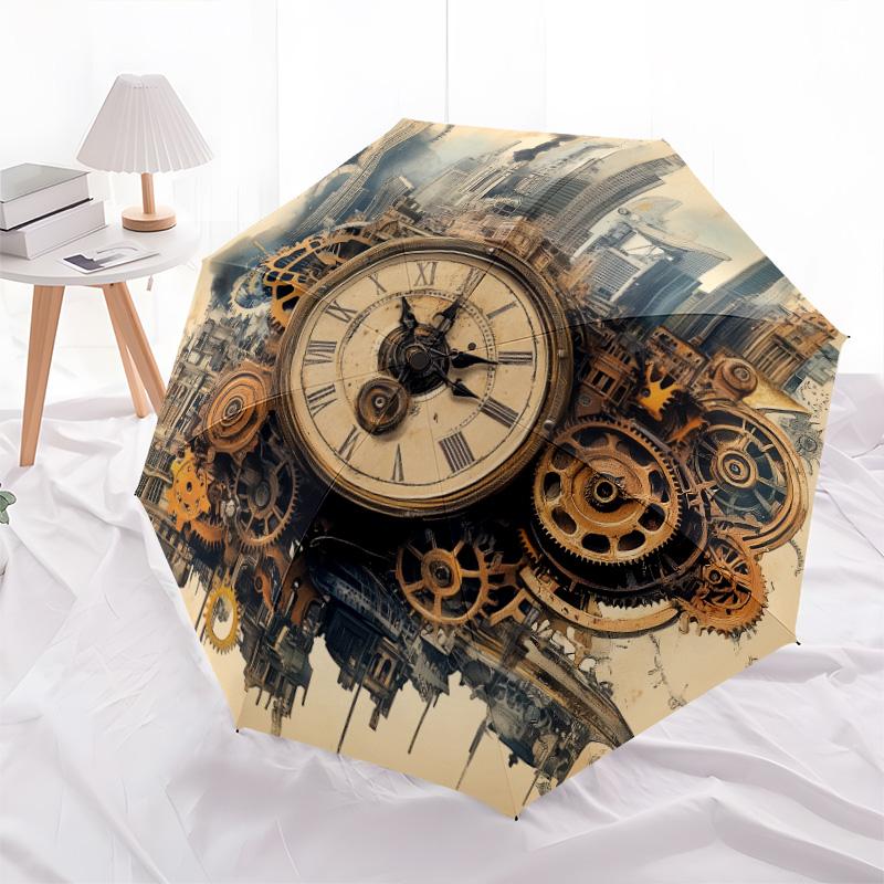Steampunk  pattern, automatic folding umbrella, portable and foldable design, 8 ribs, a Christmas or birthday gift.