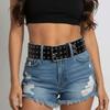 Three Row Needle Buckle Hollow Rivet Wide Belt Personalized Design Black Leather Waistbands  Women