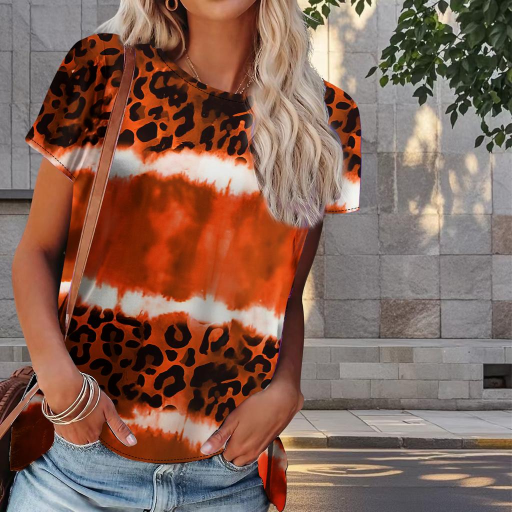 Dam Sommar T-shirt Leopardtryck Tryck Retro Mode Kortärmade T-shirts Casual Tryckta Toppar