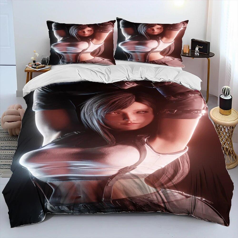 Tifa Aerith Sexy Girl Lace Cartoon Game Comforter Bedding Set,Duvet Cover Bed Set Quilt Cover Pillowcase,Queen Size Bedding Set