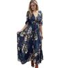 Women's Bohemian Print V-neck Button-up Seven-quarter Sleeve Skirt Dress