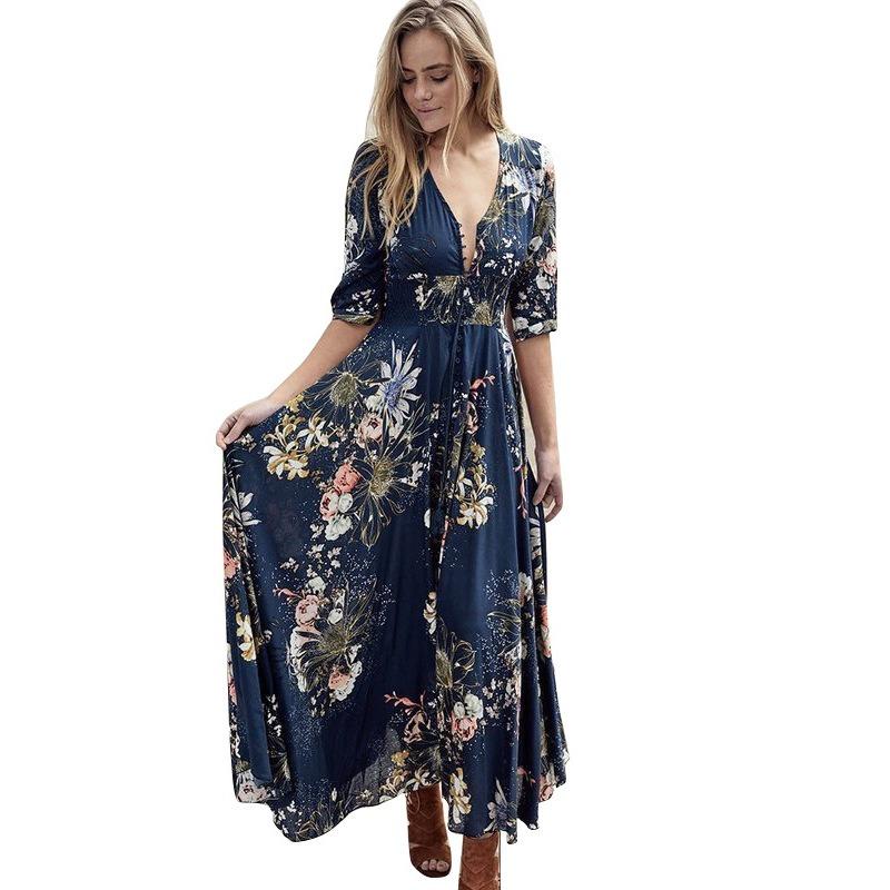 Women's Bohemian Print V-neck Button-up Seven-quarter Sleeve Skirt Dress