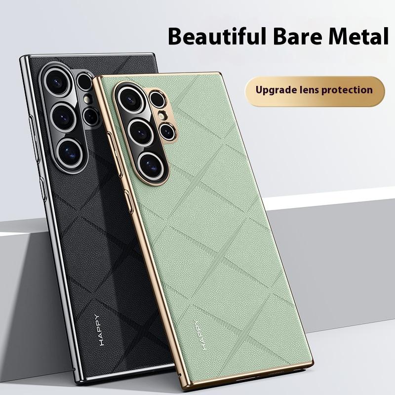 Luxury Plating Genuine Leather Phone Case for Samsung Galaxy S24 Ultra S24 Plus Metal Camera Lens Ultrathin Protection Cover