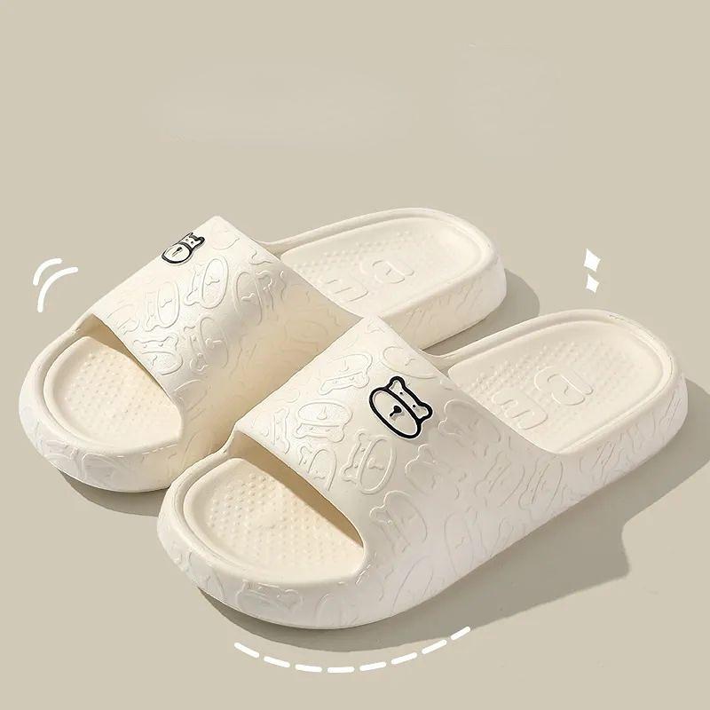 Bear Embossing Slippers Non-slip Silent Platform Women's Summer Indoor Home Shoes Couple Bath High-end Sense Men's Slippers