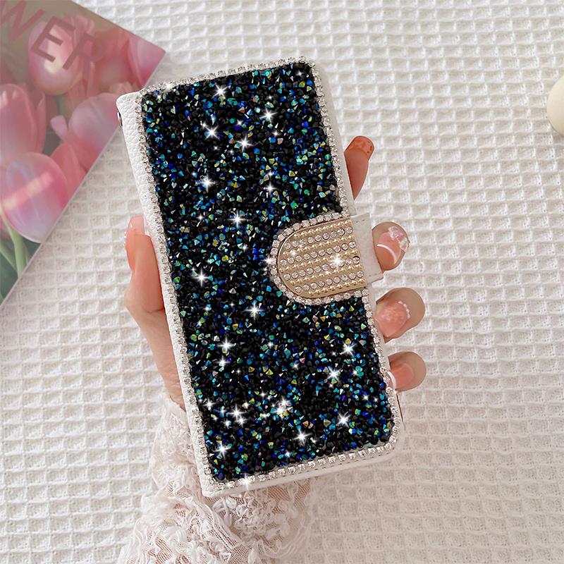 

Glowing Diamond Wallet Flip Leather Case For iPhone 17 ProMax Air 16 E 15 Plus 14 ProMax 13 12 Mini 11 XSMax Cover For iPhone 12mini&Case & Strap