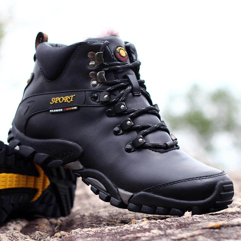 Nadměrná velikost Podzimní a zimní Pánské outdoorové tenisky z pravé kůže Vysoké teplé boty s bavlněnou podšívkou a sametem Pánské protiskluzové pracovní boty