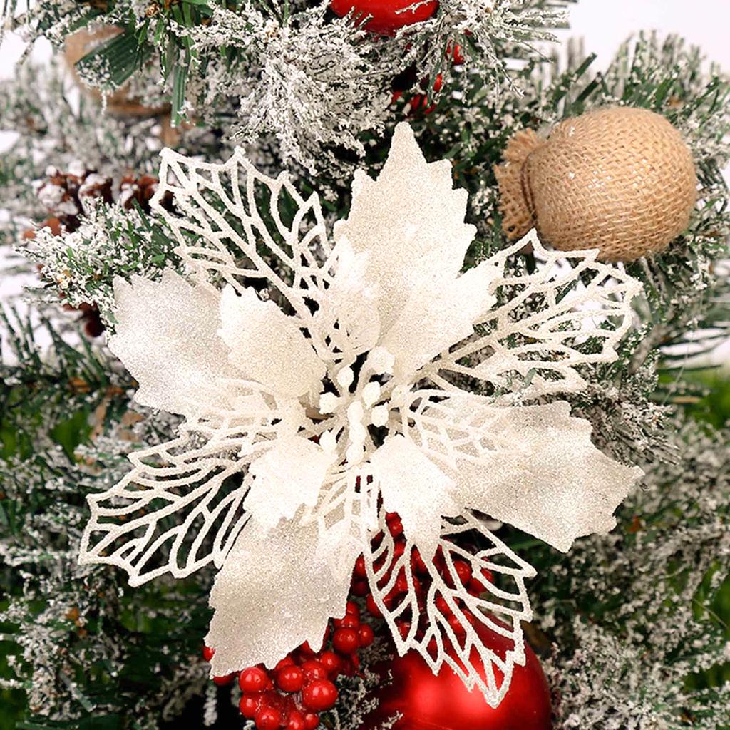 Set Of 10 Pcs Christmas Poinsettia Flowers Ornaments Glitter Floral Accessories Xmas Wreath Tree Decorations For Party Home Wedding