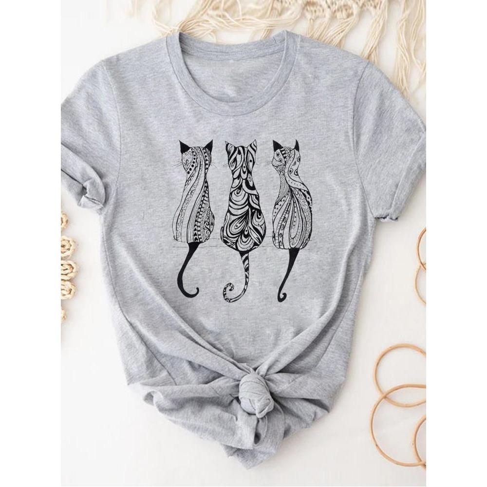 Print T Shirt Short Sleeve Summer Clothes Women Clothing Gray Owl Love Style Trend Cute Basic Tee Top Fashion Graphic T-shirt