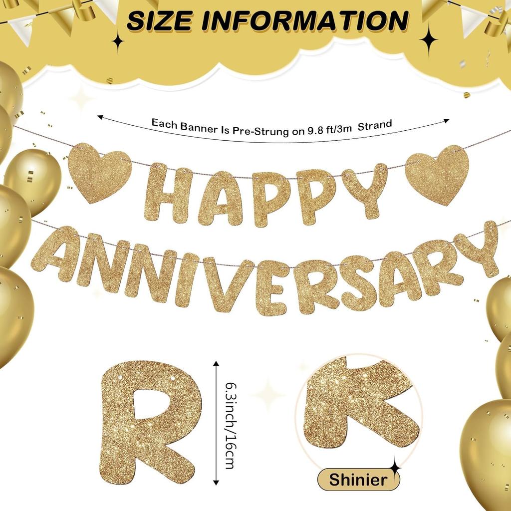 Fulmoon Happy Anniversary Banner Glitter Happy Anniversary Decorations Wedding Party Banner Romantic Decorations No DIY Pre-strung for Wedding Party