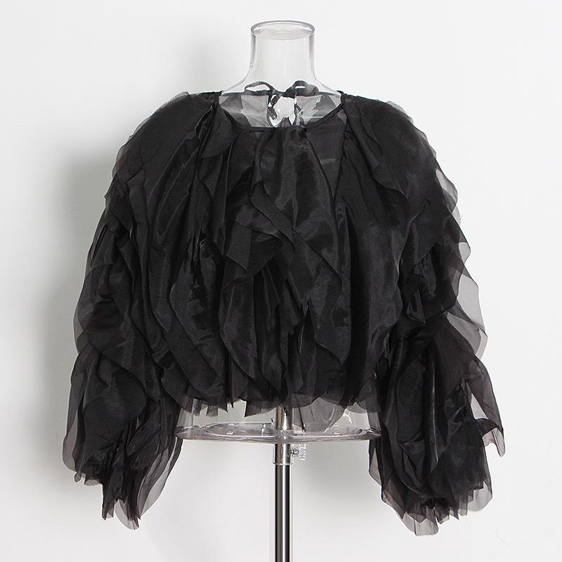Elegant Ruffle Patchwork Round Neck Top for Women - 2026 Spring/Autumn Collection Small чёрный