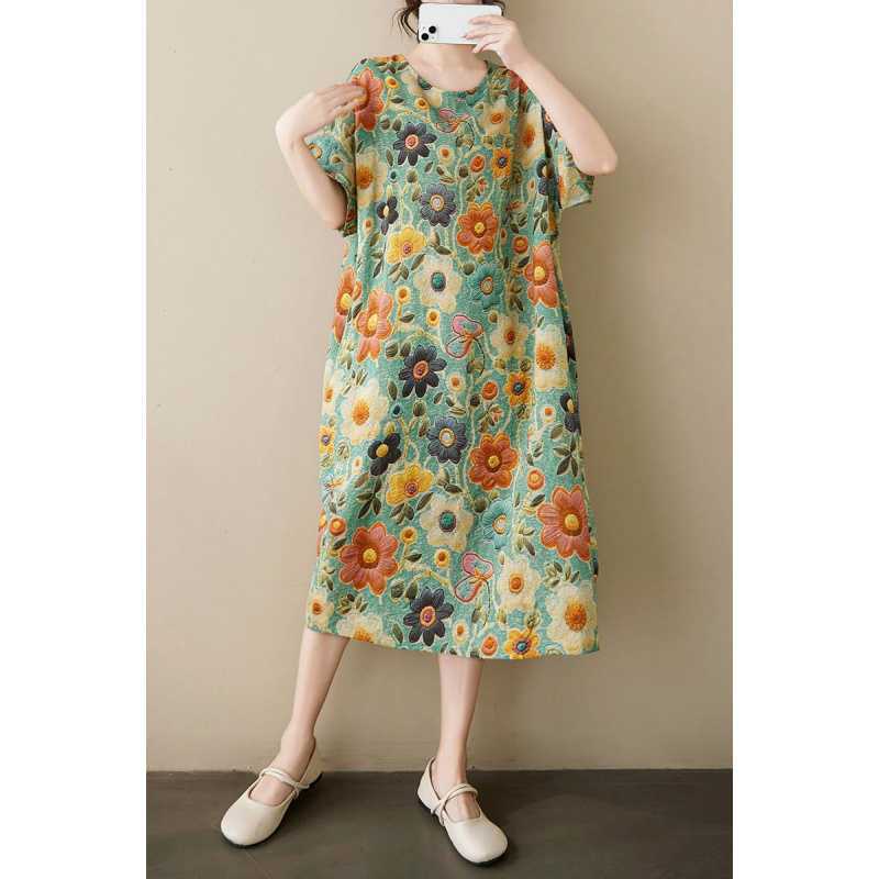 Summer Thin Cotton and Linen Retro Mid Length Dress with Feminine Temperament