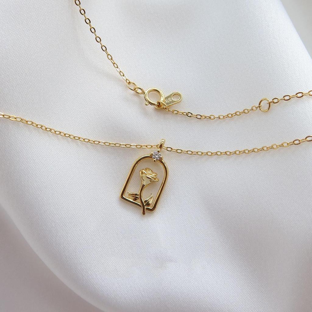 14K Gold-Plated S925 Sterling Silver Rose Necklace - Elegant French Collarbone Chain for Women