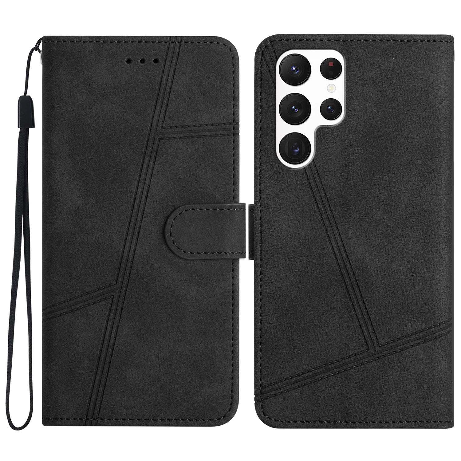 

For Samsung Galaxy S24 Ultra Leather Case Lines Imprinted Wallet Stand Cover Black