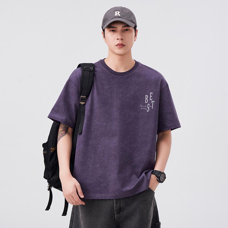 New Summer American 300g Pure Cotton Short-sleeved T-shirt Men's Heavy Loose Retro Printed Top