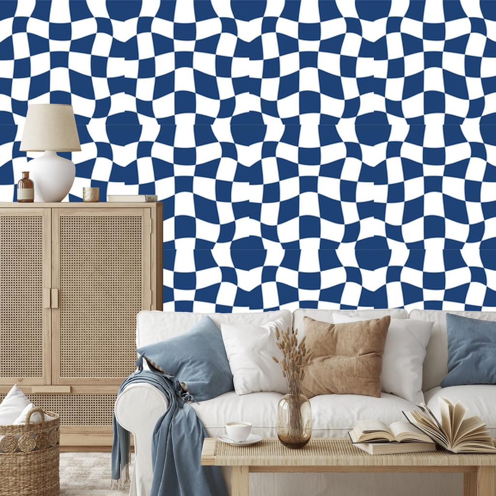 Wallpaper Casual Checkerboard Blue and White for Living Room and Bedroom 50x1000