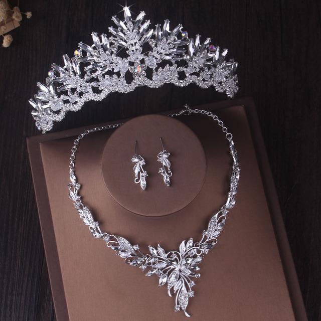 Luxury Silver Color Crystal Water Drop Bridal Jewelry Sets Rhinestone Tiaras Crown Necklace Earrings Wedding Dubai Jewelry Set
