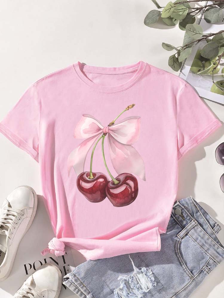 Fashion Lovely Cherry Print TShirt Short Sleeve CrewNeck Casual Commuter Tops for Summer Spring Womens Clothing Otaku Tees