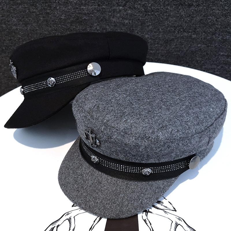 Winter hat new female tide Internet celebrity navy hat autumn and winter woolen rivet beret flat hat