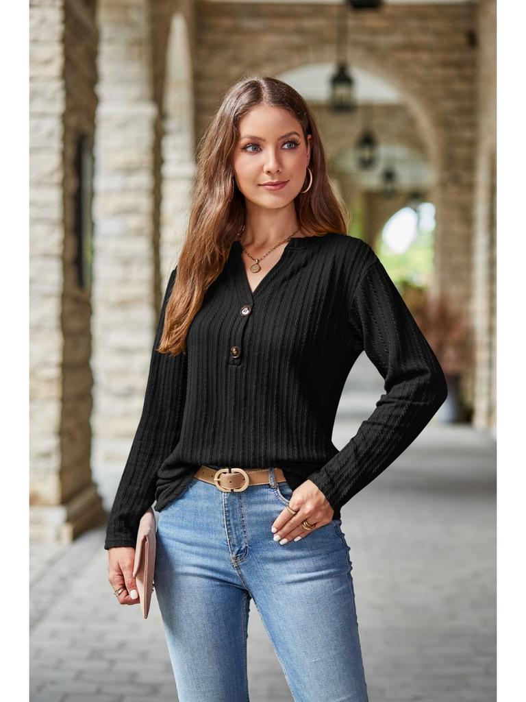 2024 Autumn Winter New Women Long Sleeve T-shirts Ladies Fashion Buttons V-neck Knitted Tee Shirt Female Solid Color Casual Tops