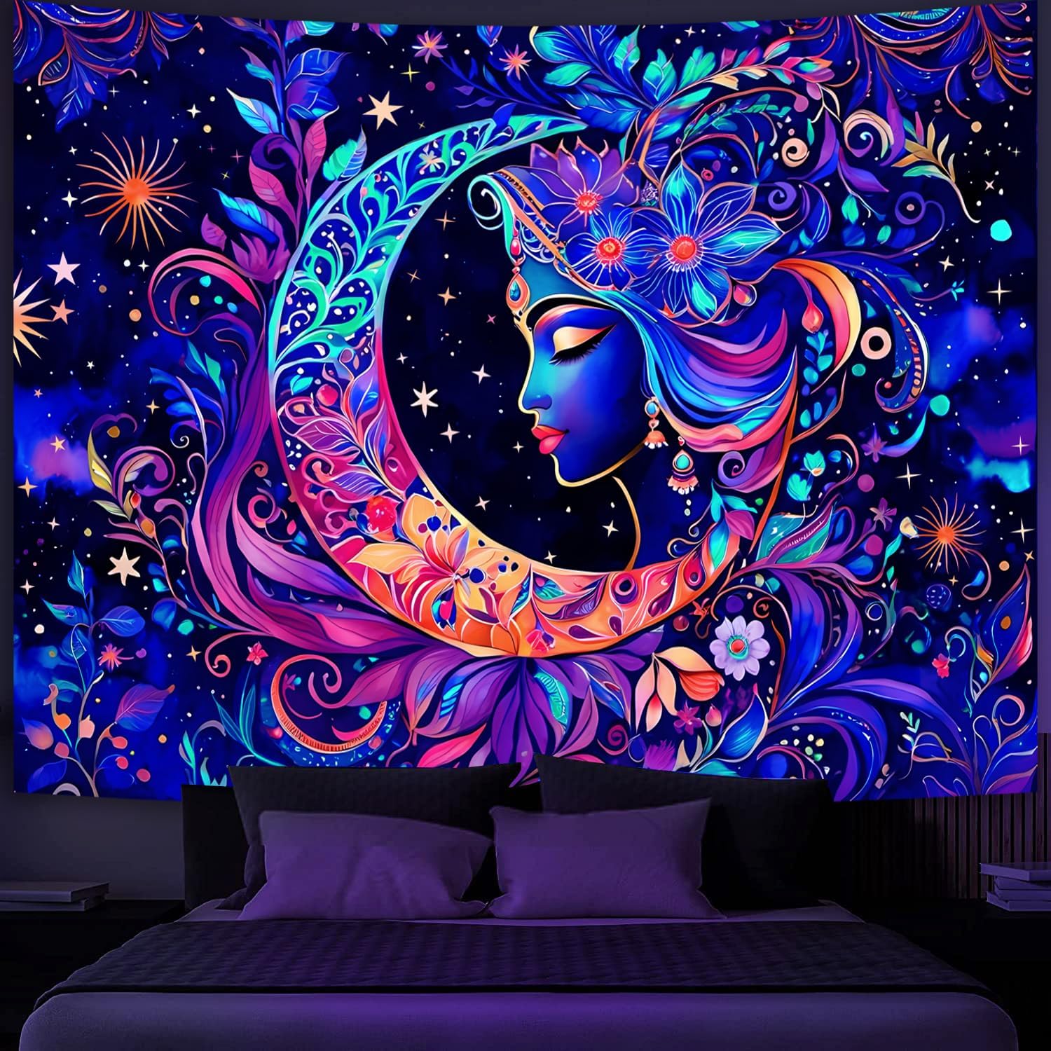 Simpkeely Blacklight Moon and Star Tapestry, Elegant Goddess UV Reactive Sun Mandala Wall Hanging Tapestries, Colorful Boho Aesthetic Tapestry for Bed 100X70CM