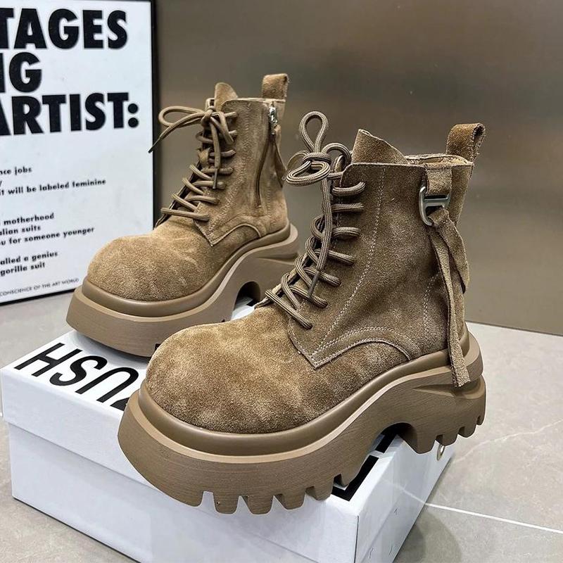 Flache Plateau Damen Stiefeletten Wildleder Winterschuhe Designer Schnürung Sportstiefel 2025 Lässige Chelsea Botas Damenschuhe