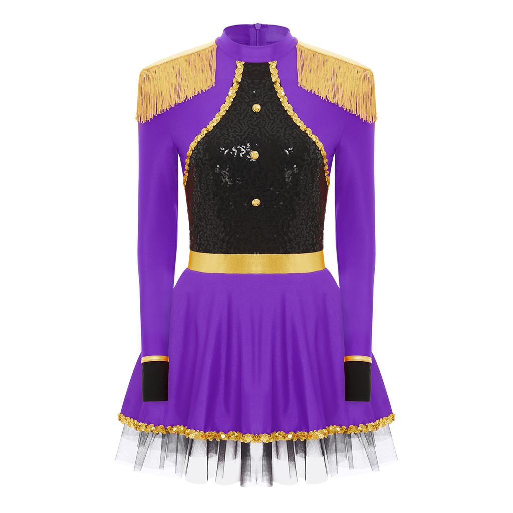 Women Circus Ringmaster Bodysuit Dress Long Sleeves Fringe Shoulder Patches Sparkly Sequins Halloween Costume