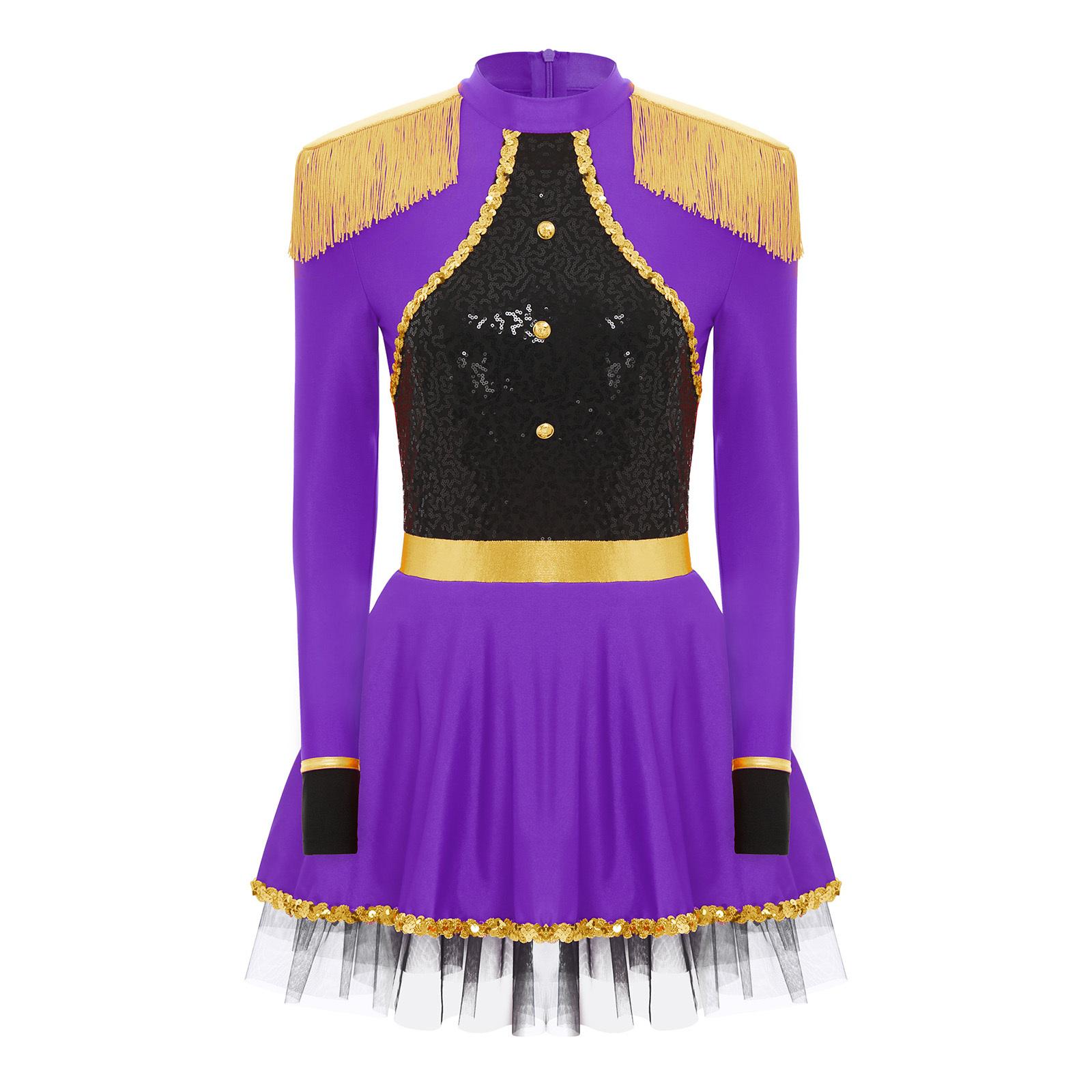 

Women Circus Ringmaster Bodysuit Dress Long Sleeves Fringe Shoulder Patches Sparkly Sequins Halloween Costume фіолетовий