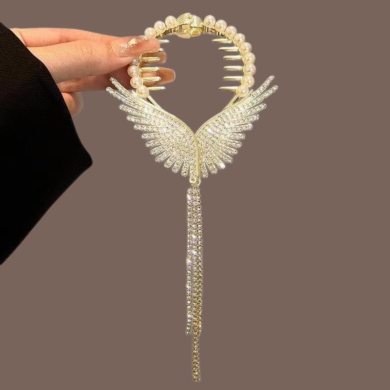 New Pearl Tassel Rhinestone Luxury Fish Wings Rabbit Ear Round Hair Claw For Girl Woman Temperament Designer Hair Clips