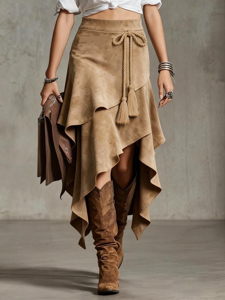 New Women's Vintage Western Irregular Rope Tie-Waist Fringed Faux Fur Midi Skirt